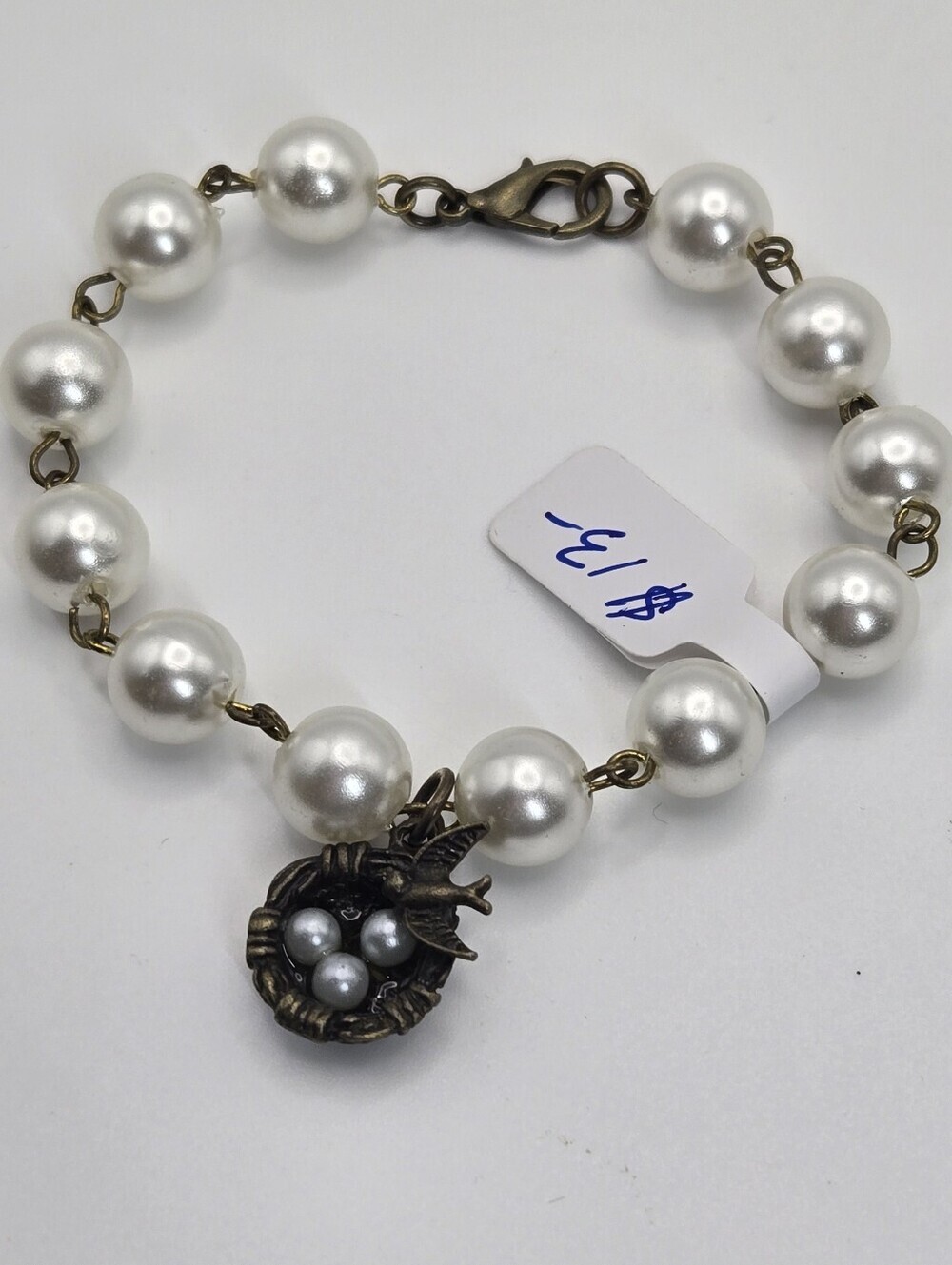 Faux Pearl Bird's Nest With Eggs Bracelet With Bronze Finnish Handmade